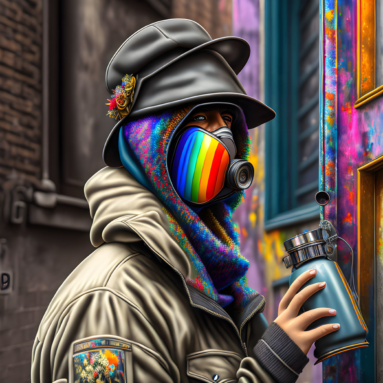 Colorful Gas Masked Person in Military Attire Holding Camera Amid Graffiti Walls