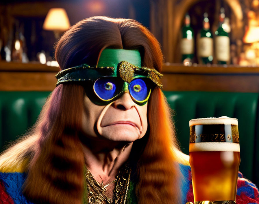 Simian character with green goggles and headband in bar with pint of beer