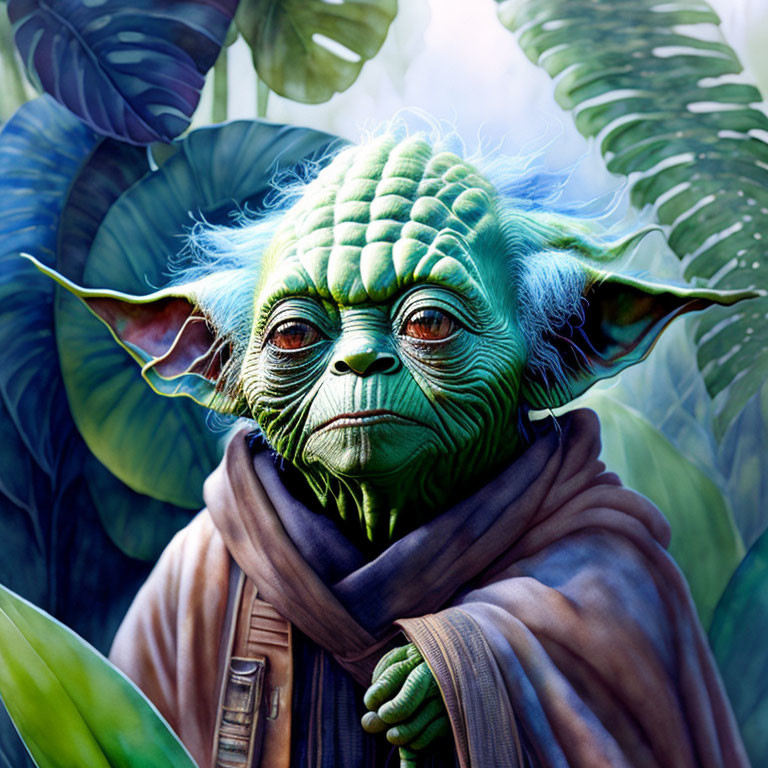 Green-skinned wise character from Star Wars in lush background