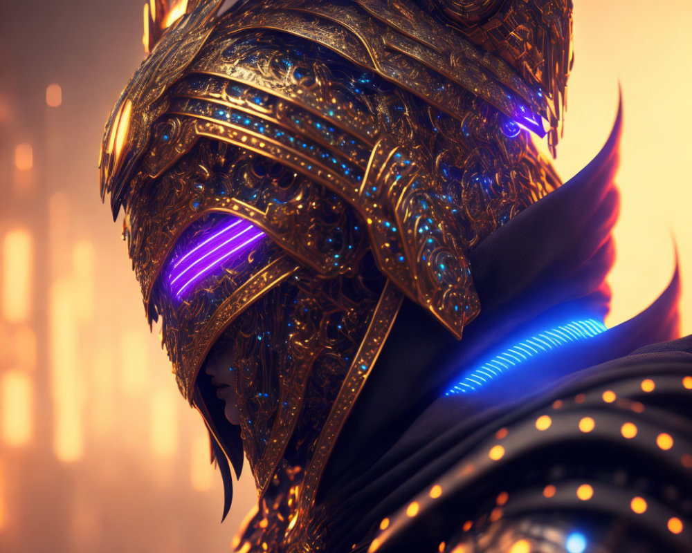 Golden Armored Figure with Blue Lights in Futuristic Cityscape