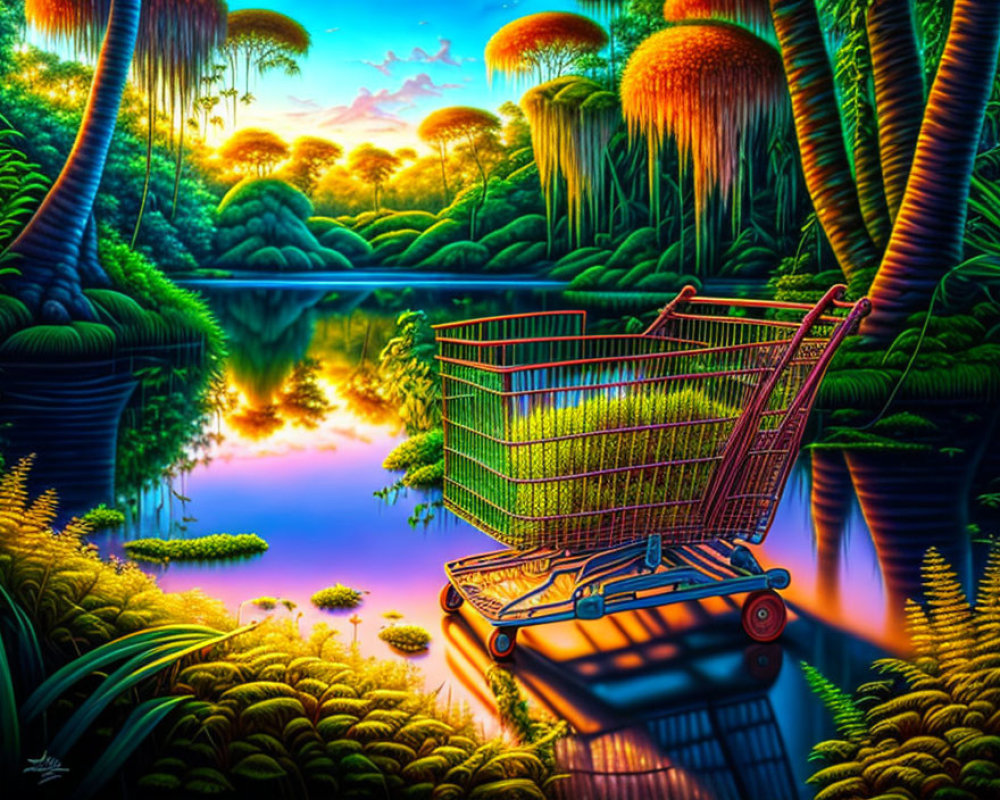 Vibrant surreal landscape with shopping cart, reflective water, exotic vegetation, and mushroom trees at dawn