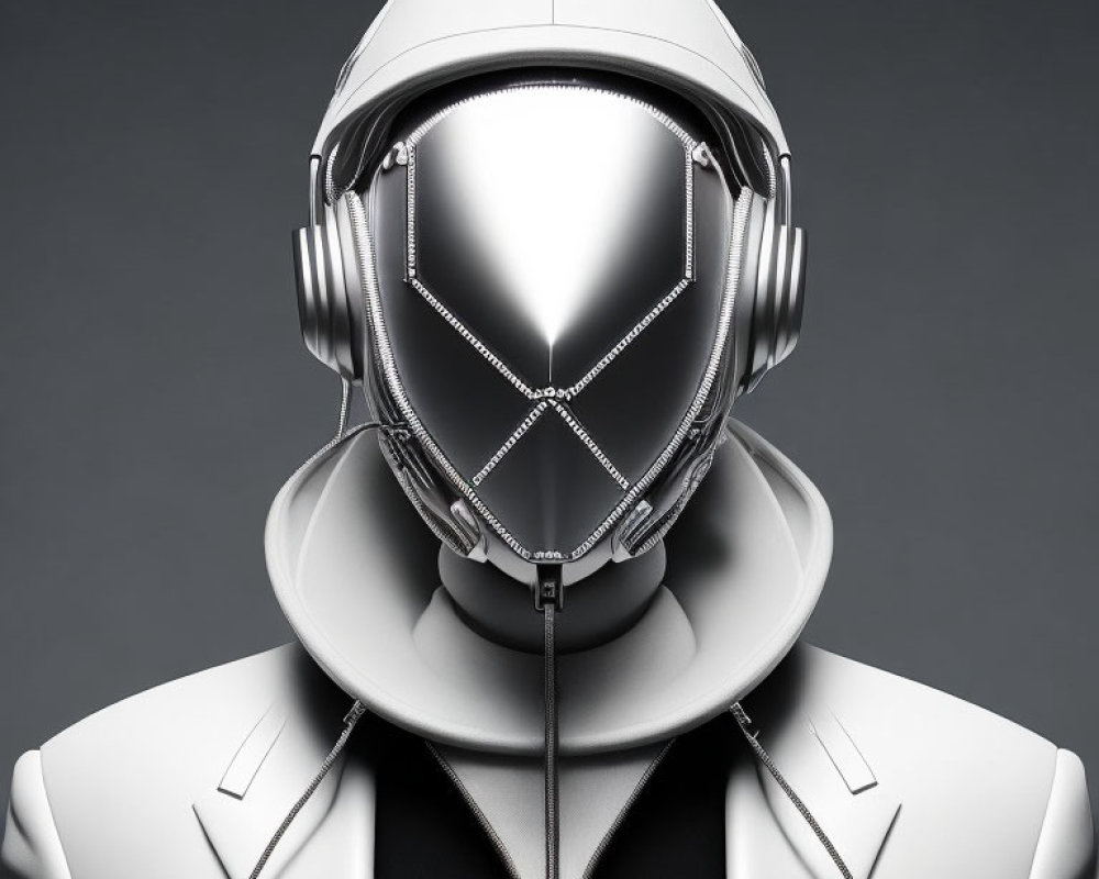 Futuristic character with reflective white helmet and dark visor