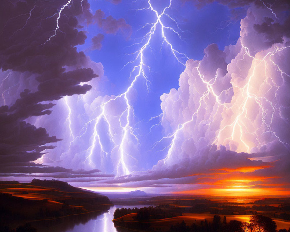 Dramatic sunset with lightning over river landscape