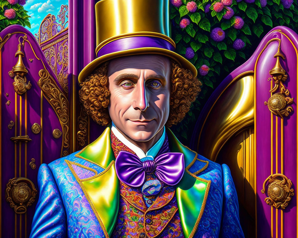 Vibrant illustration of man in top hat & colorful suit standing by purple doors & golden harps