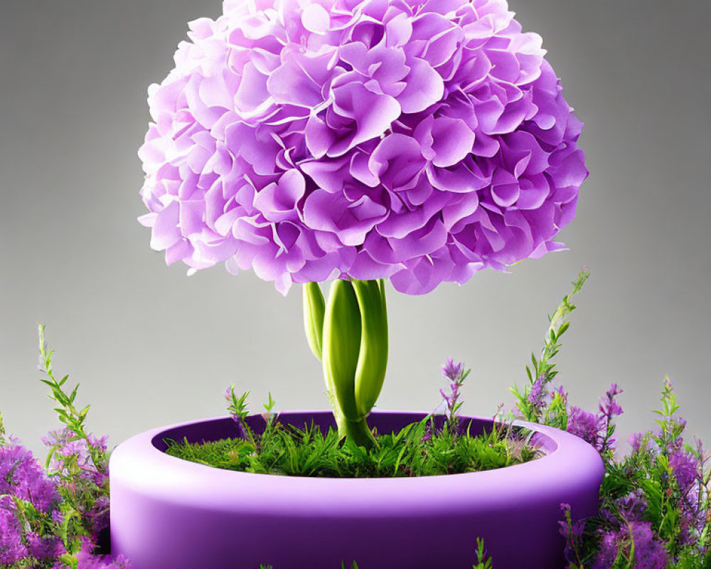 Digital artwork: Oversized purple hydrangea bloom in purple pot with floral backdrop