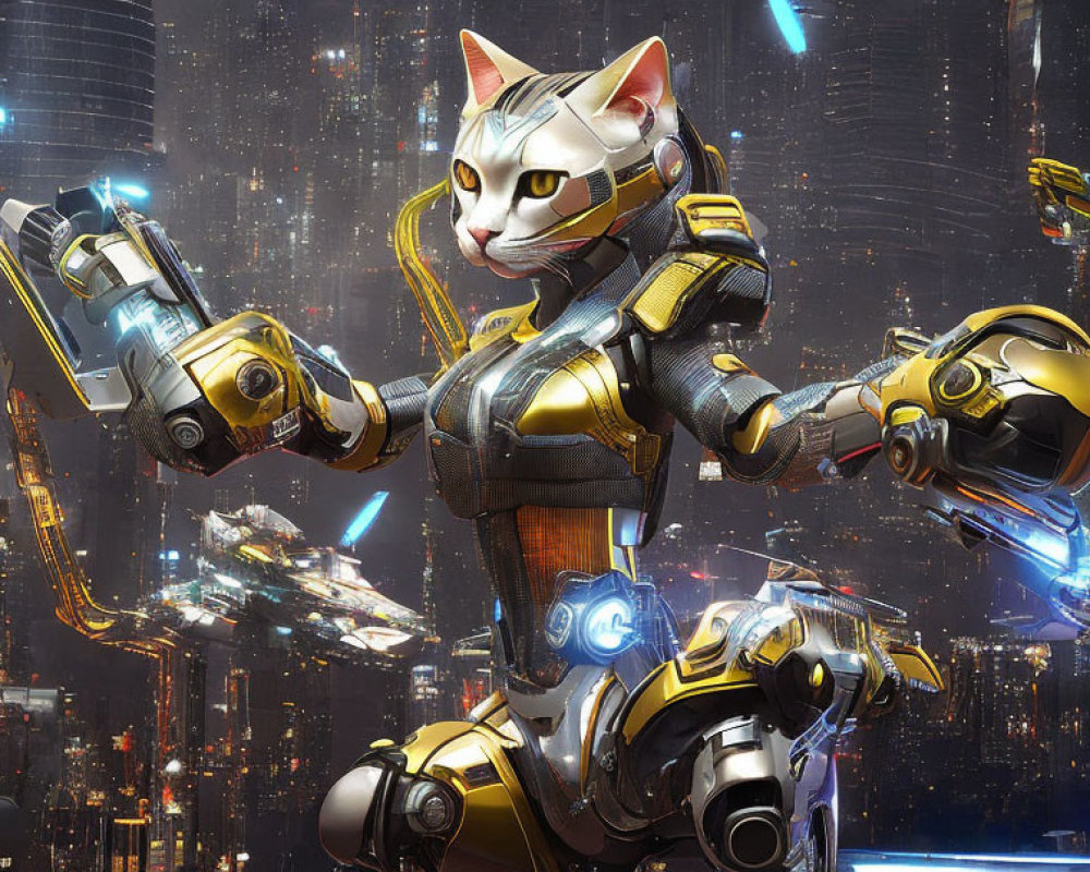 Futuristic anthropomorphic cat in robotic armor against vibrant night cityscape