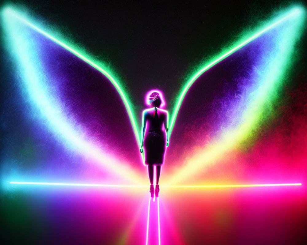 Silhouette of Person in Neon X Shape Amid Colorful Glow