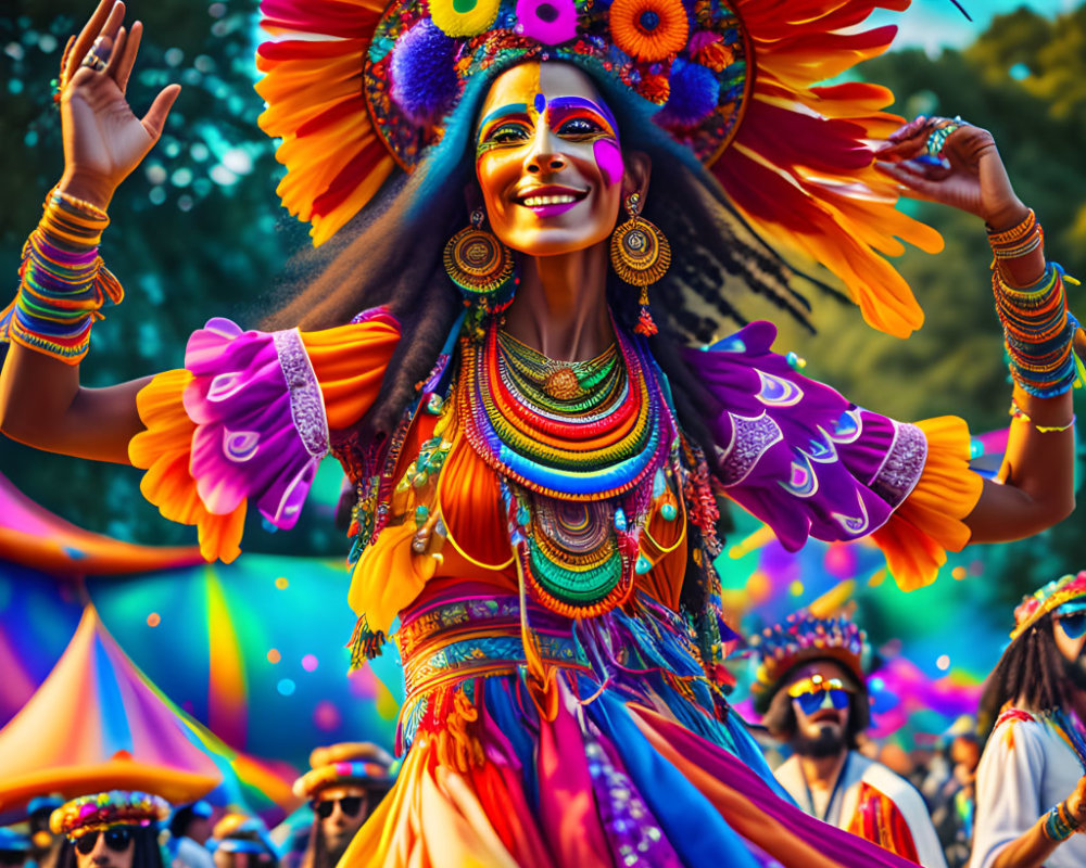 Colorful Feathered Headdress Carnival Dancer with Elaborate Costume