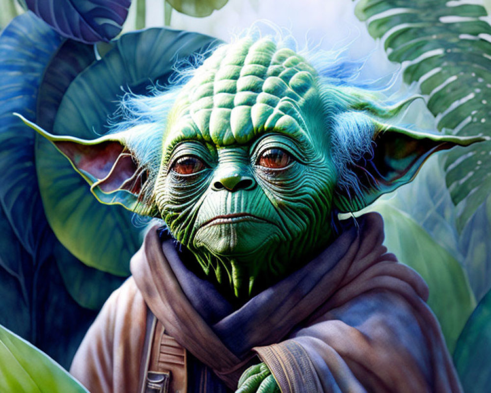 Green-skinned wise character from Star Wars in lush background