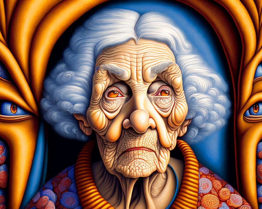 Illustrated portrait of elderly woman with exaggerated wrinkles and piercing eyes against blue drapery.