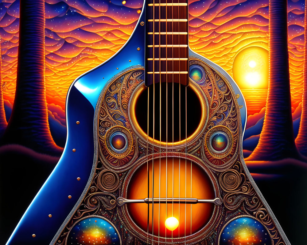 Colorful Digital Artwork: Acoustic Guitar Design Against Surreal Landscape