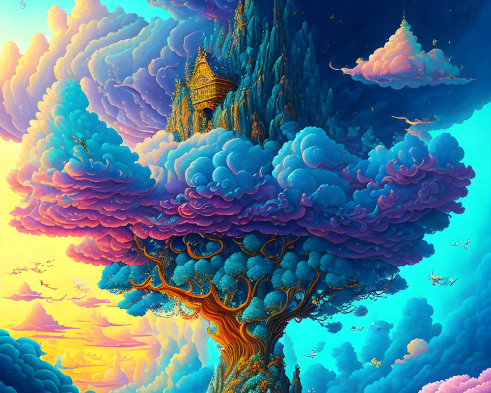 Surreal artwork: colossal tree with golden temple, dreamy sky, floating islands