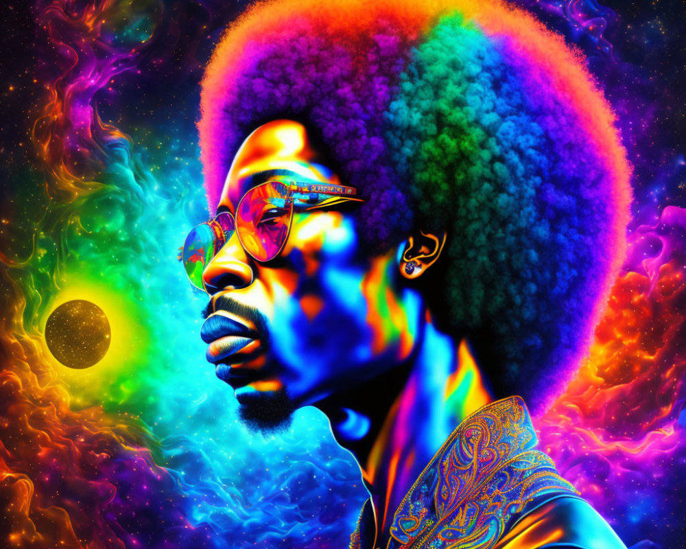 Colorful portrait featuring man with afro, psychedelic patterns, celestial backdrop