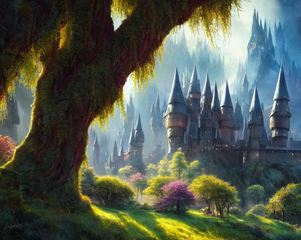 Enchanted castle in lush forest with sunlight and pink tree.