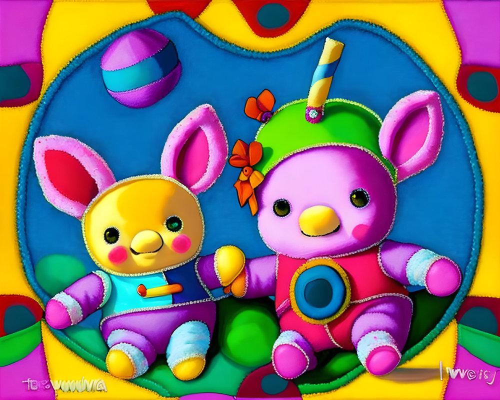 Colorful Plush Bunny Toys with Toys and School Supplies on Vibrant Background