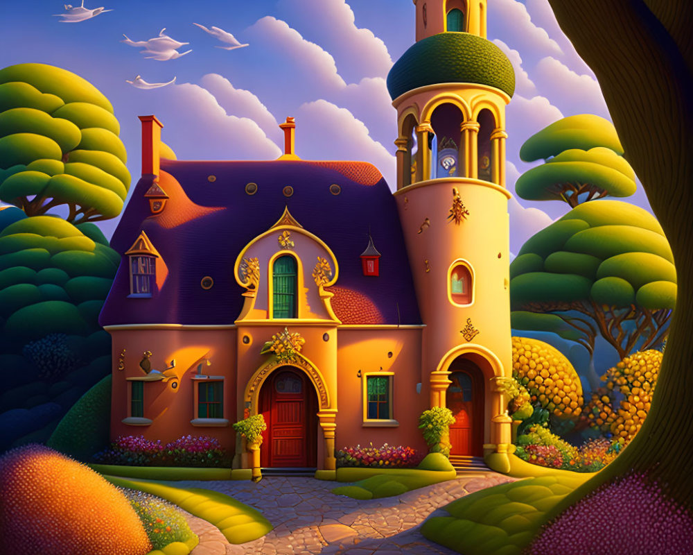 Colorful illustration of a tall tower house in a magical twilight landscape