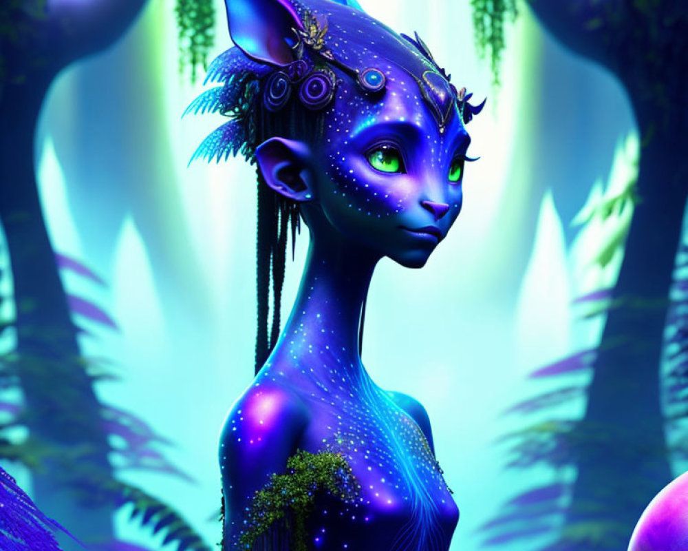 Blue-skinned humanoid alien with cat-like features in lush jungle scene