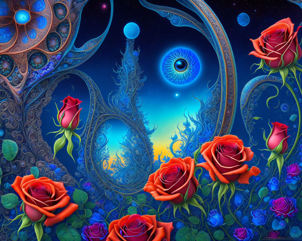 Colorful digital artwork with ornate patterns, central eye, red and blue roses, cosmic sky.