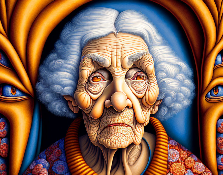 Illustrated portrait of elderly woman with exaggerated wrinkles and piercing eyes against blue drapery.