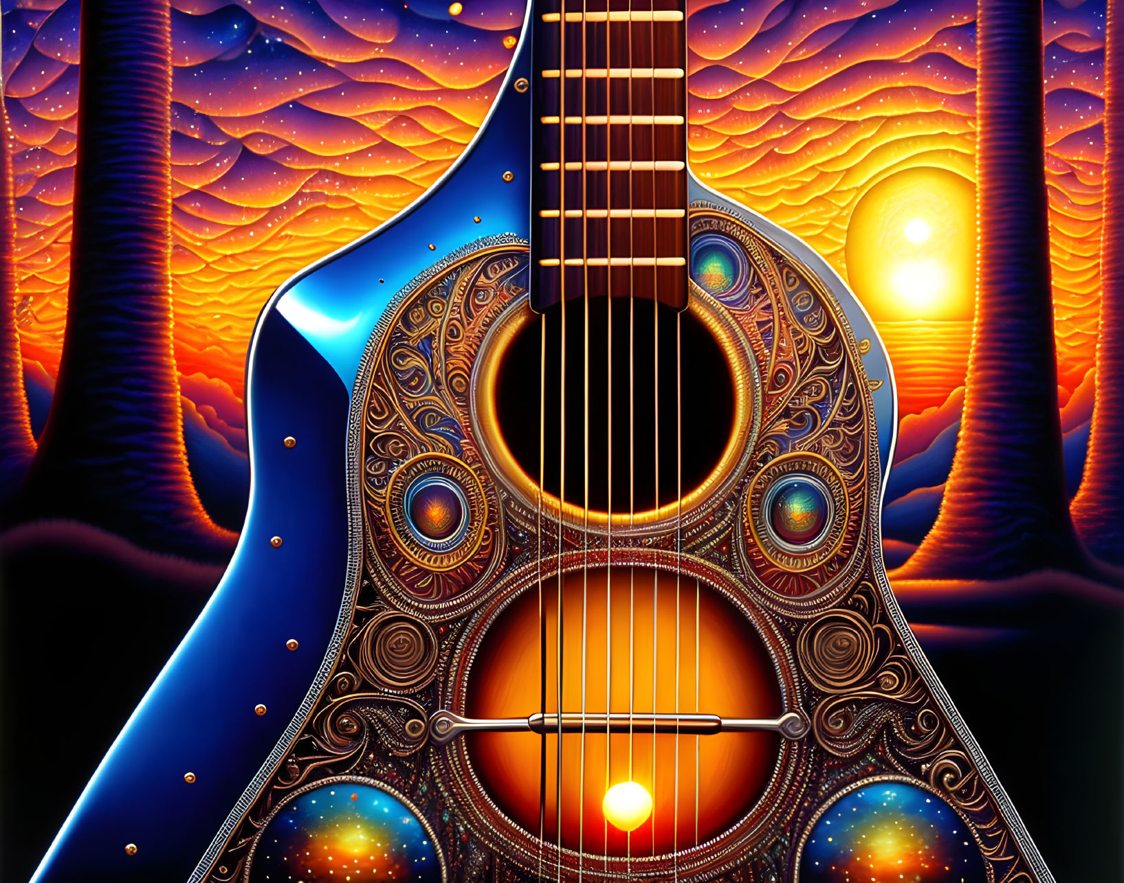 Colorful Digital Artwork: Acoustic Guitar Design Against Surreal Landscape