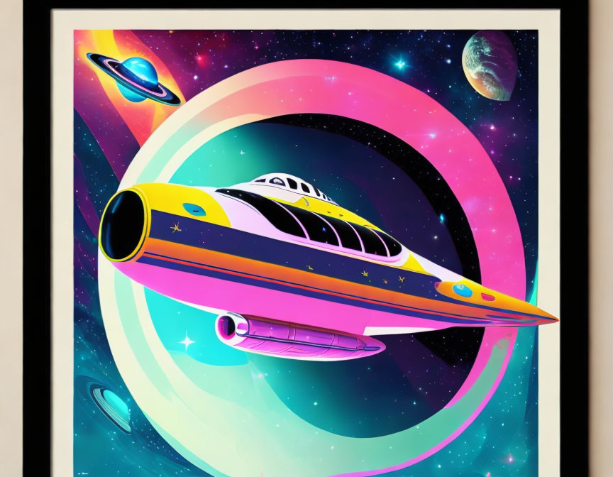 Vibrant retro-futuristic spaceship in colorful space scene