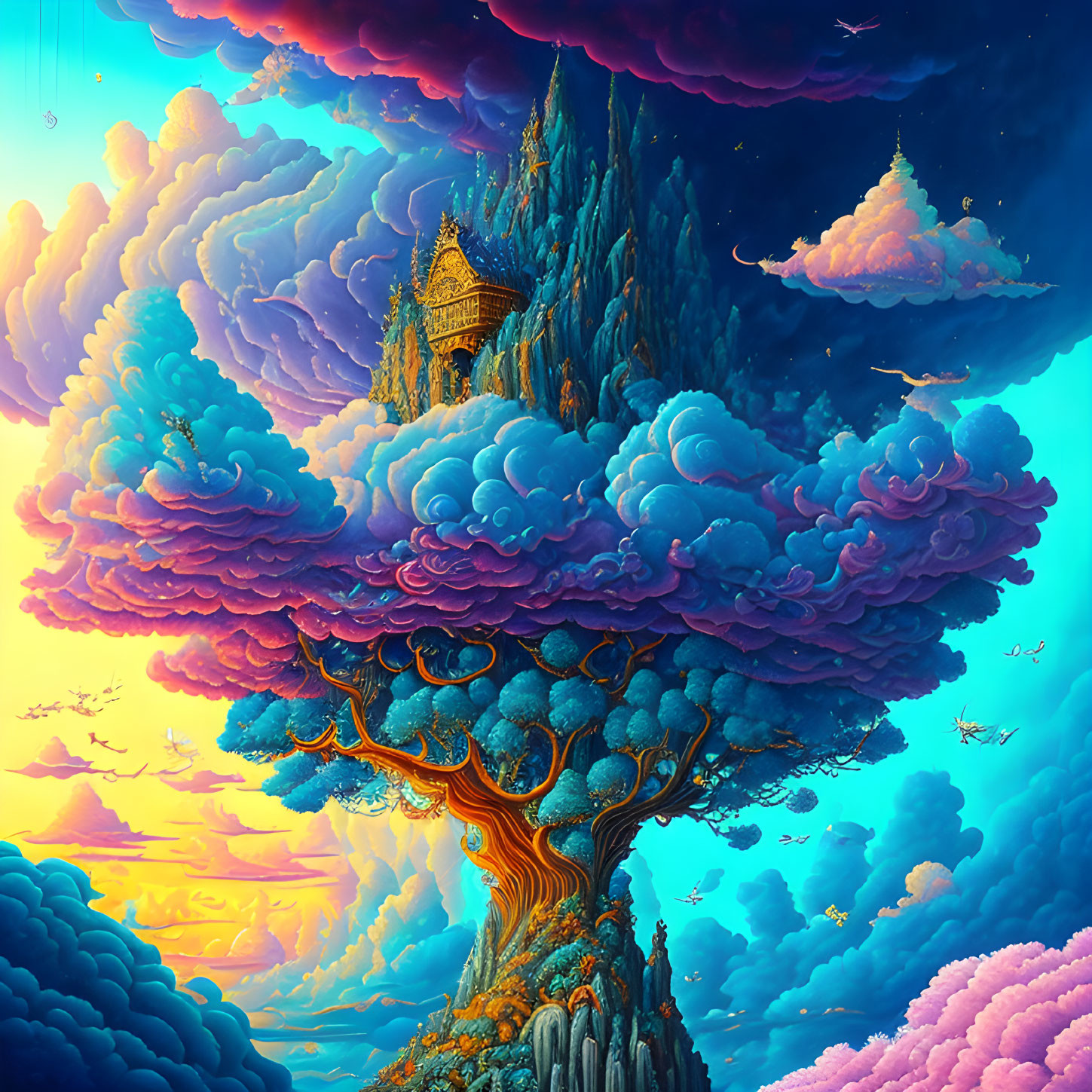 Surreal artwork: colossal tree with golden temple, dreamy sky, floating islands