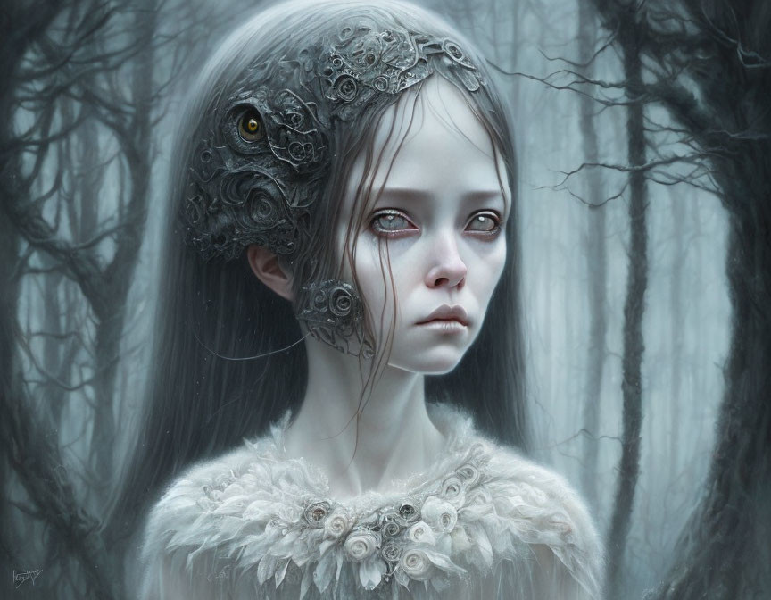 Mechanical eye girl in misty forest with ornate headpiece