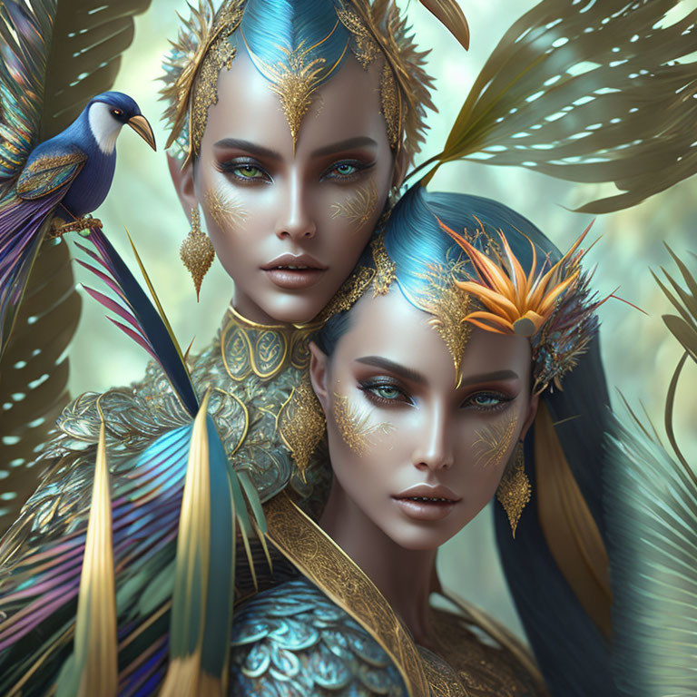 Ethereal women with golden headdresses and body art, plus blue bird