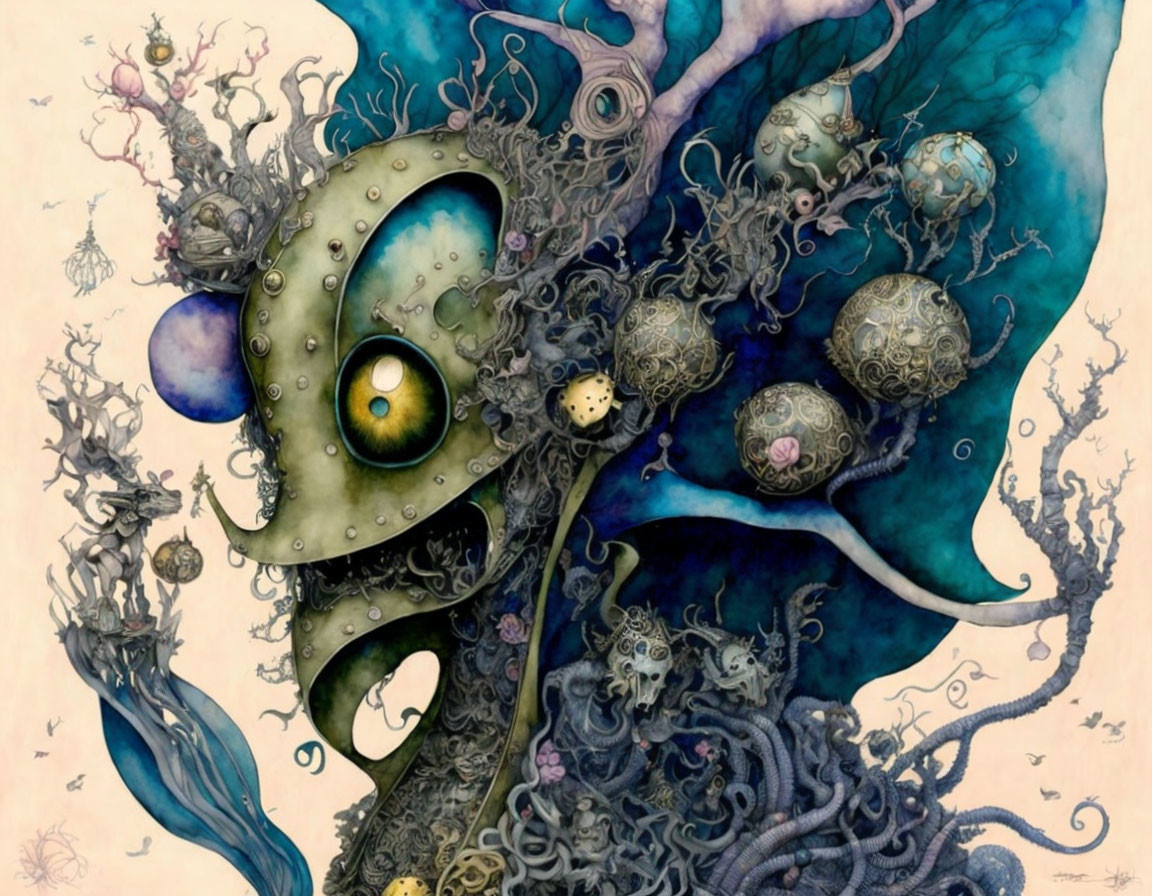 Detailed surreal illustration of eye and tentacle-like forms with ornate patterns and delicate flora/fauna.