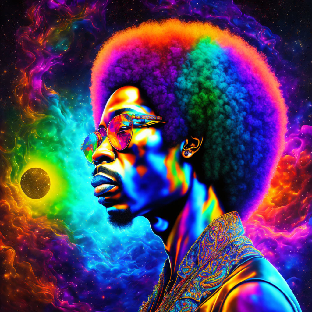 Colorful portrait featuring man with afro, psychedelic patterns, celestial backdrop