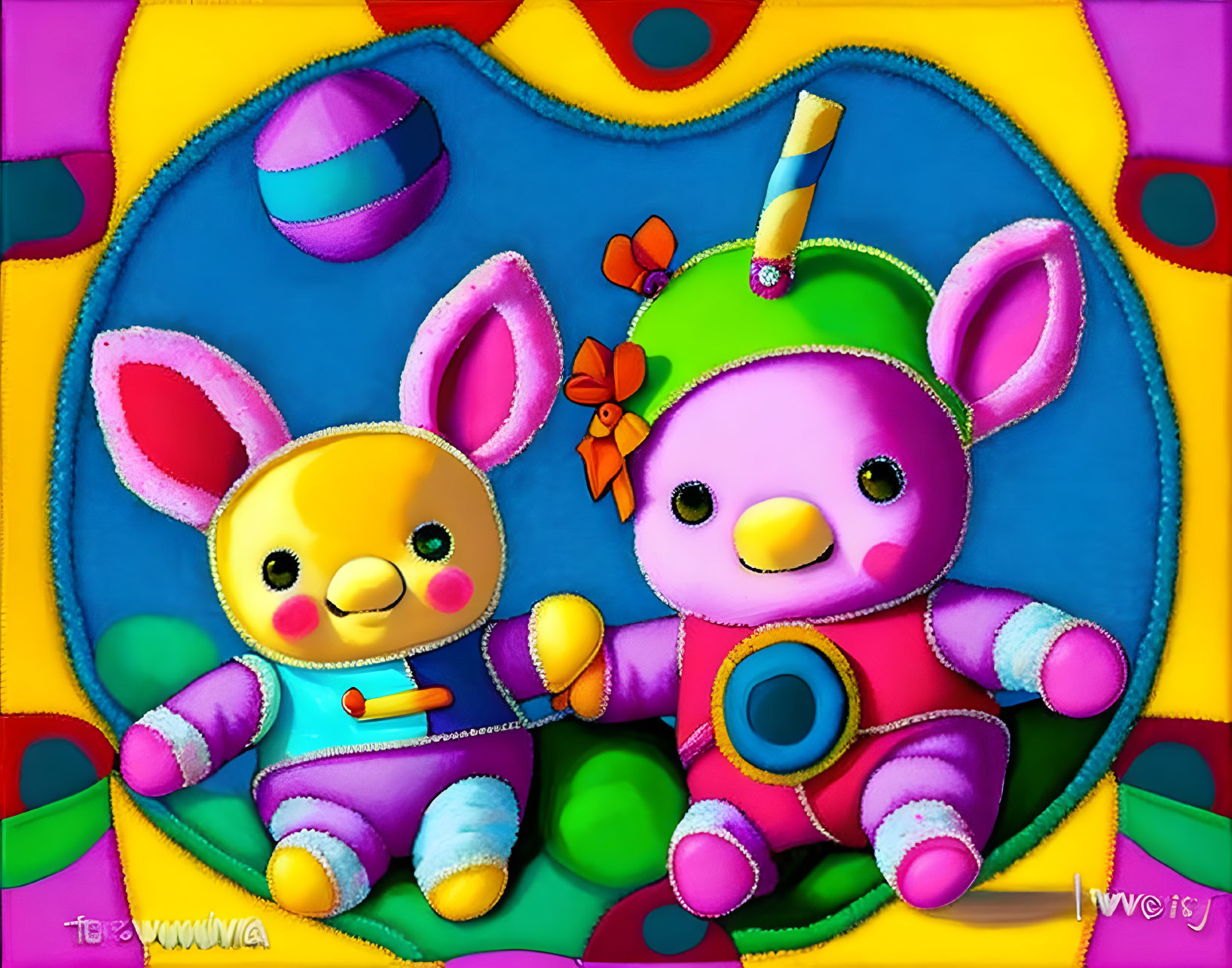 Colorful Plush Bunny Toys with Toys and School Supplies on Vibrant Background