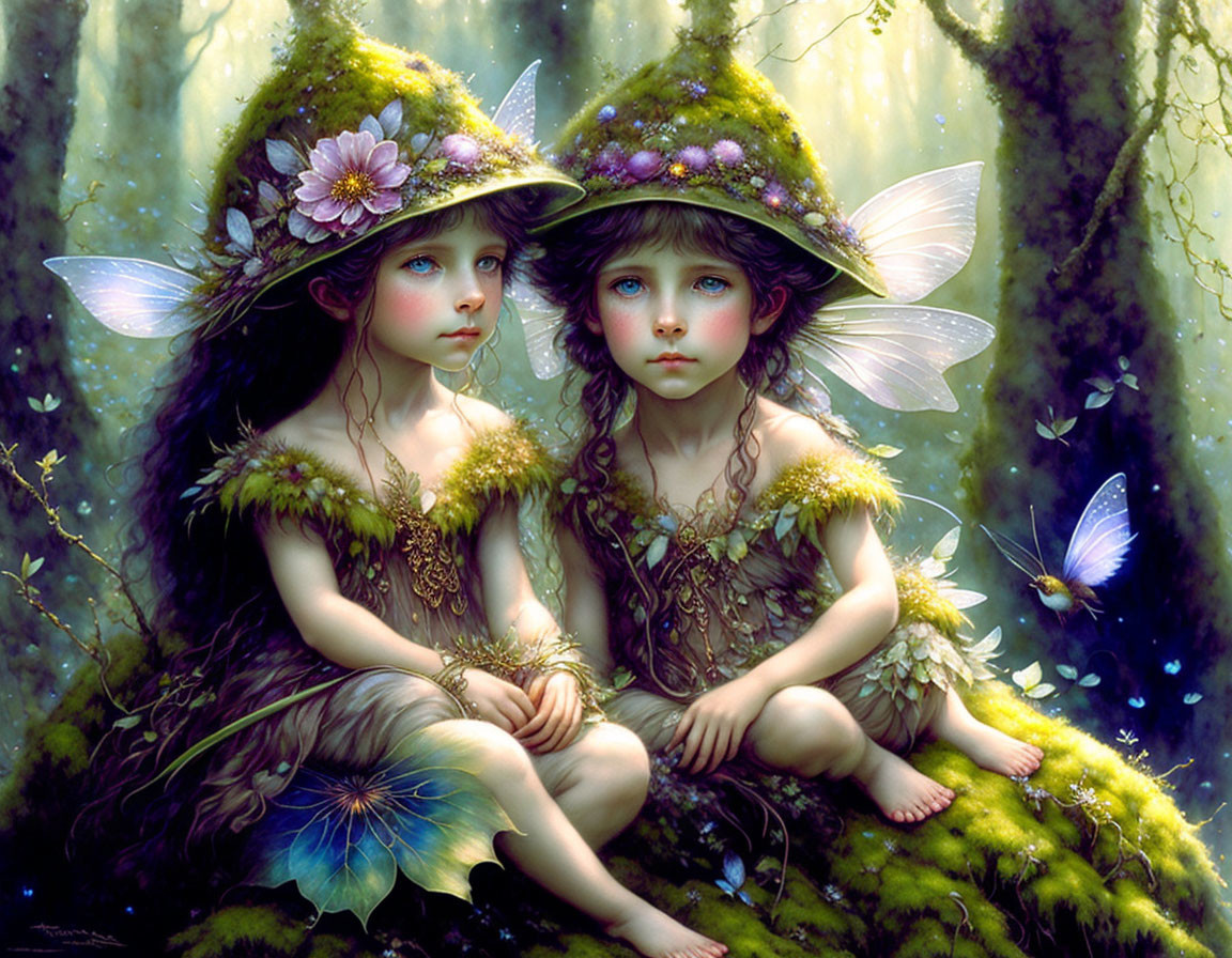 Mystical fairy-like children with wings in a luminous forest