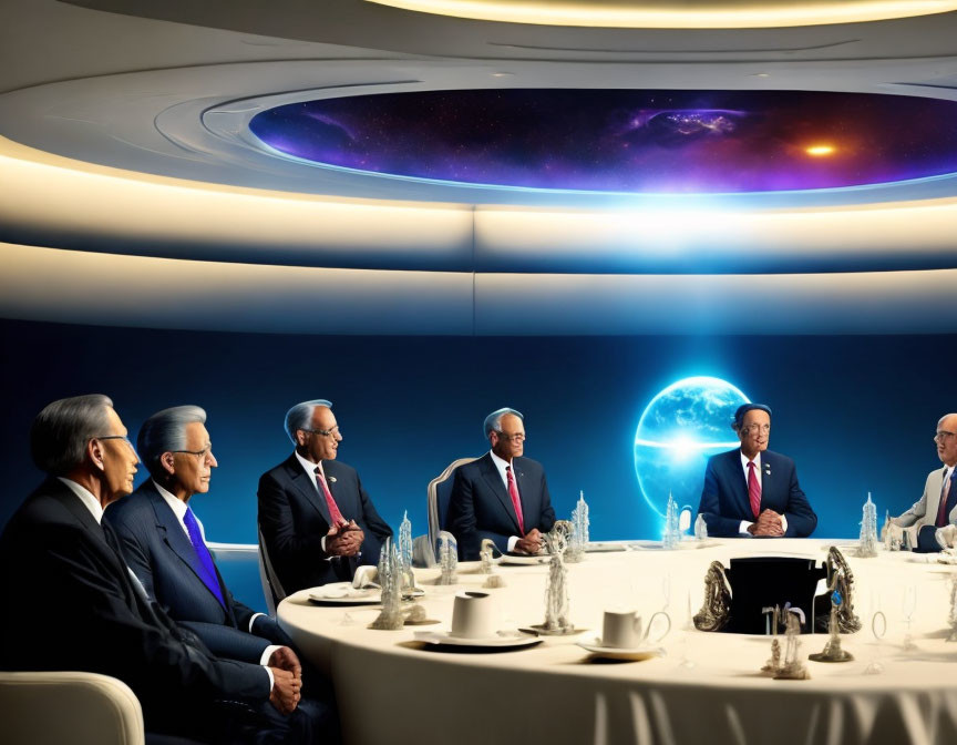 Six businessmen in suits at round table in futuristic room with space view