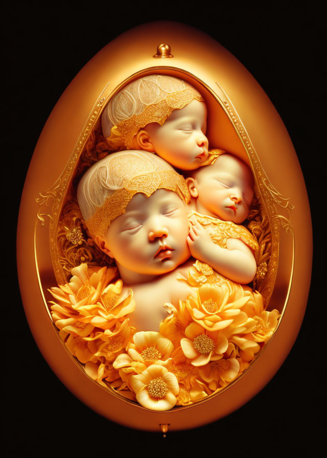 Golden egg with three sleeping baby figurines and floral patterns