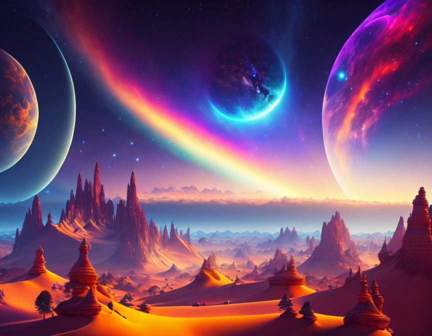 Colorful Sci-Fi Landscape with Celestial Bodies, Aurora, Dunes, and Rock Formations