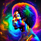 Colorful portrait featuring man with afro, psychedelic patterns, celestial backdrop