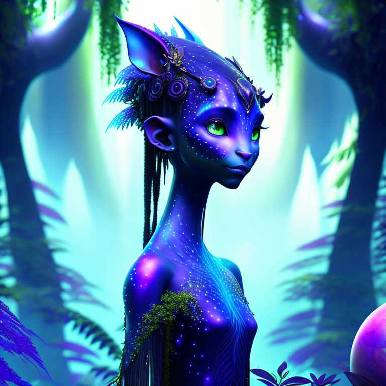 Blue-skinned humanoid alien with cat-like features in lush jungle scene