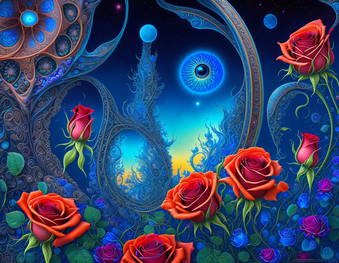 Colorful digital artwork with ornate patterns, central eye, red and blue roses, cosmic sky.