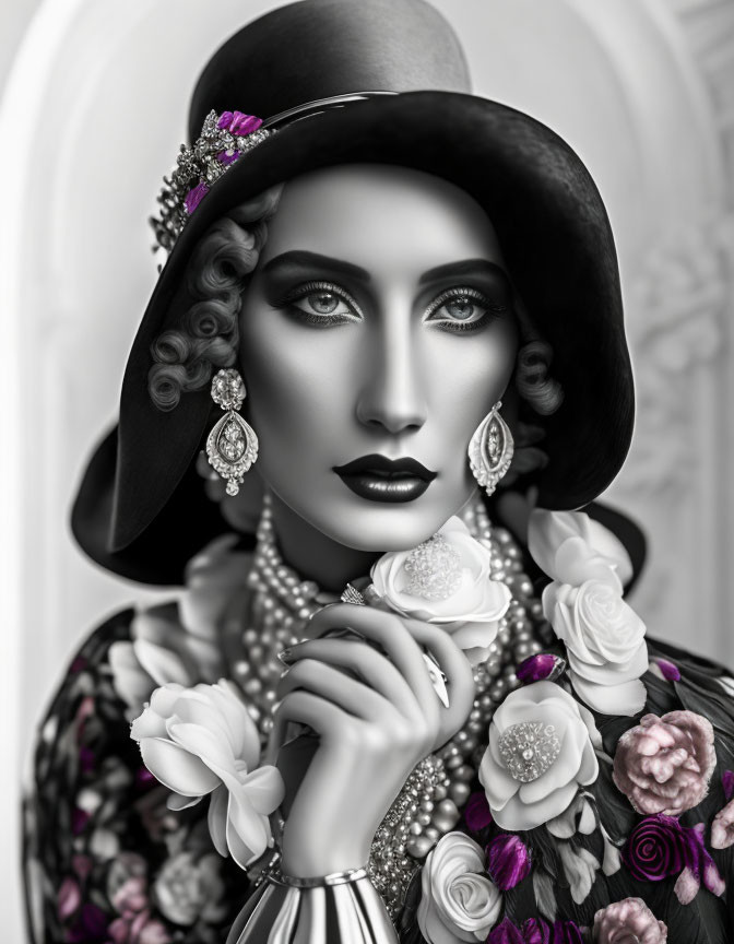 Monochrome portrait with dramatic makeup, wide-brimmed hat, pearls, and floral accents