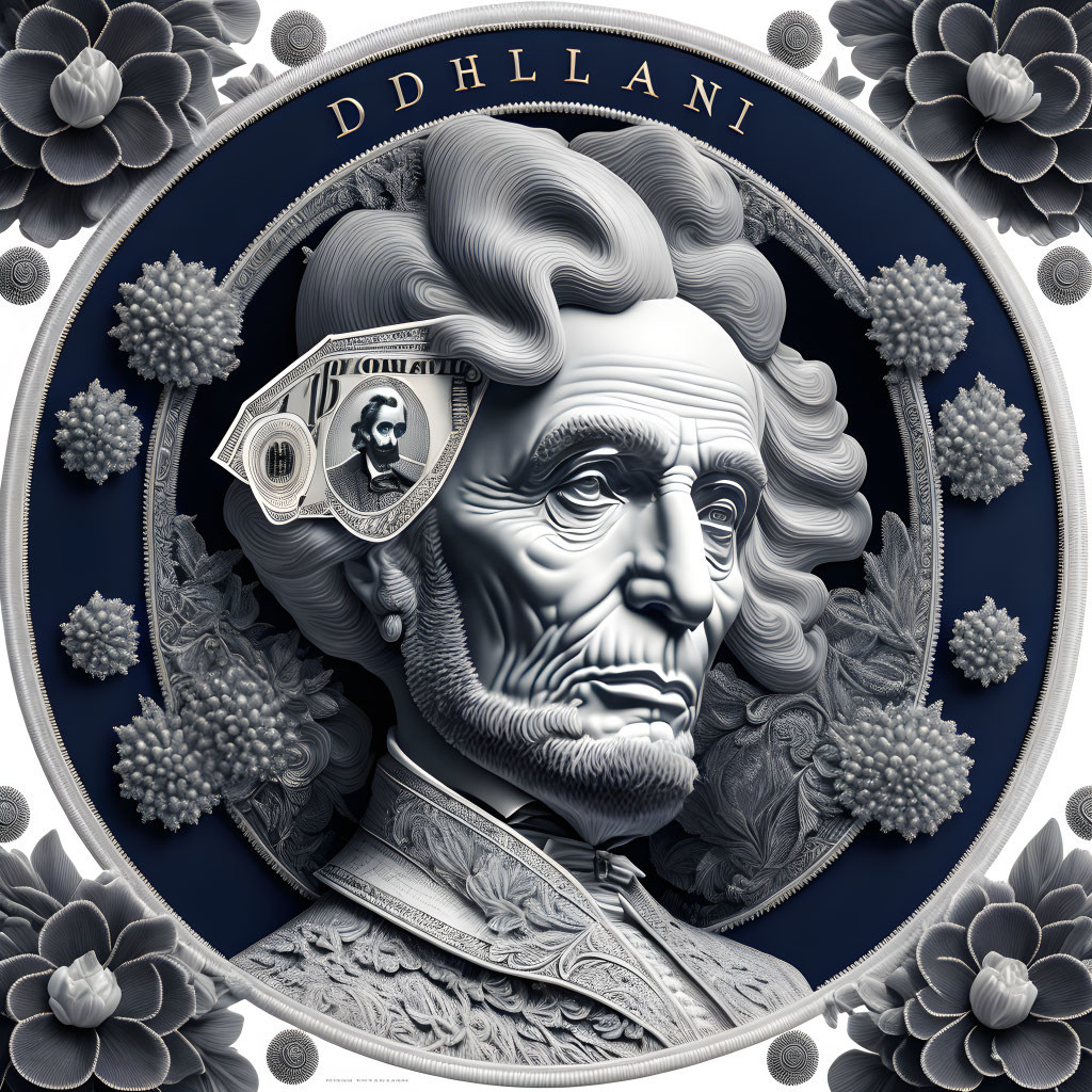 Monochrome Abraham Lincoln portrait with silver aesthetic and dollar bill eye patch surrounded by ornate floral patterns