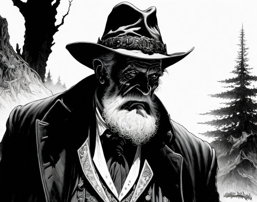 Monochrome illustration: rugged man with beard in cowboy hat and detailed vest against pine tree backdrop