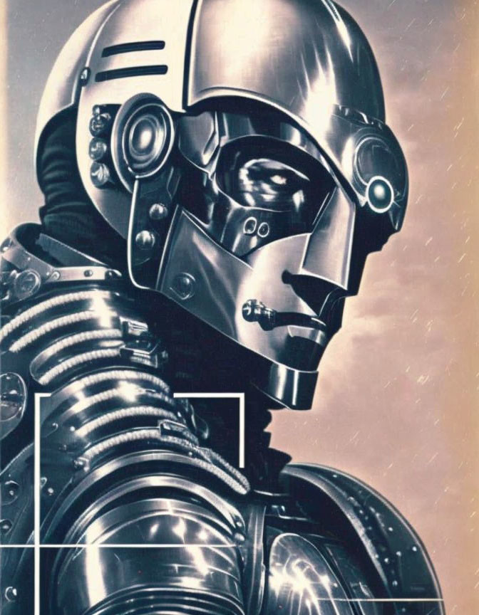 Detailed Vintage Humanoid Robot Illustration with Metallic Segmented Neck and Helmet Design