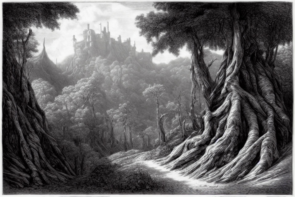 Detailed monochrome forest scene with twisted trees and castle on hill