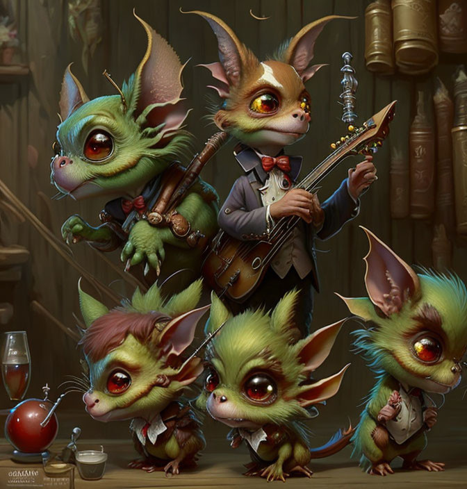 Anthropomorphic bat creatures playing music in a room with books and drinks