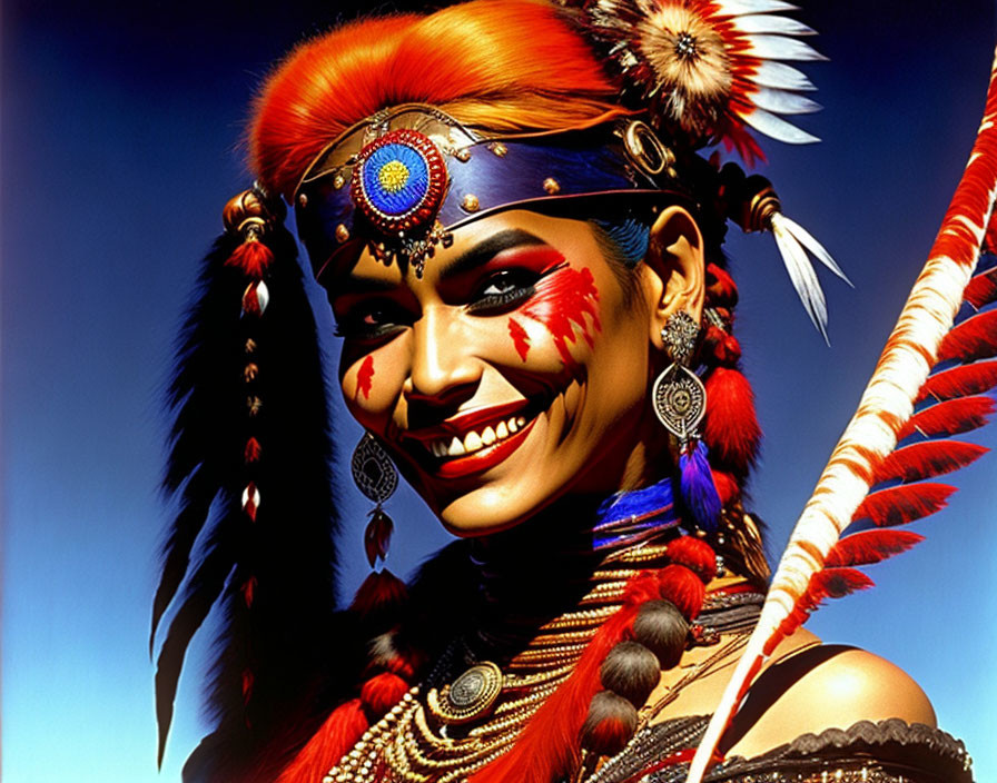 Person in Native American attire with feathered headdress and face paint against blue sky