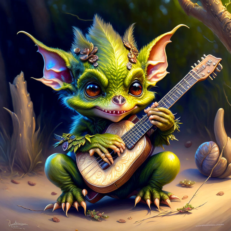 Green creature playing stringed instrument in forest with large ears & friendly eyes