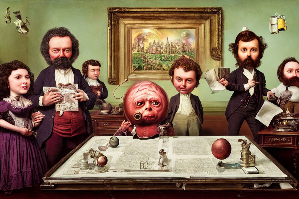 Surreal Victorian caricatures with oversized baby head in vintage room