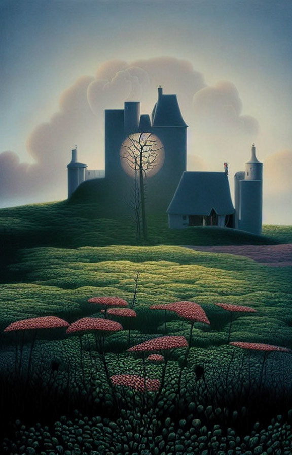 Surreal landscape with large tree, whimsical buildings, and oversized mushrooms