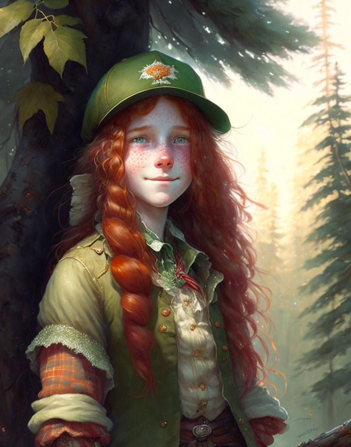 Red-haired girl in green cap and shirt with leaf emblem in front of forest.