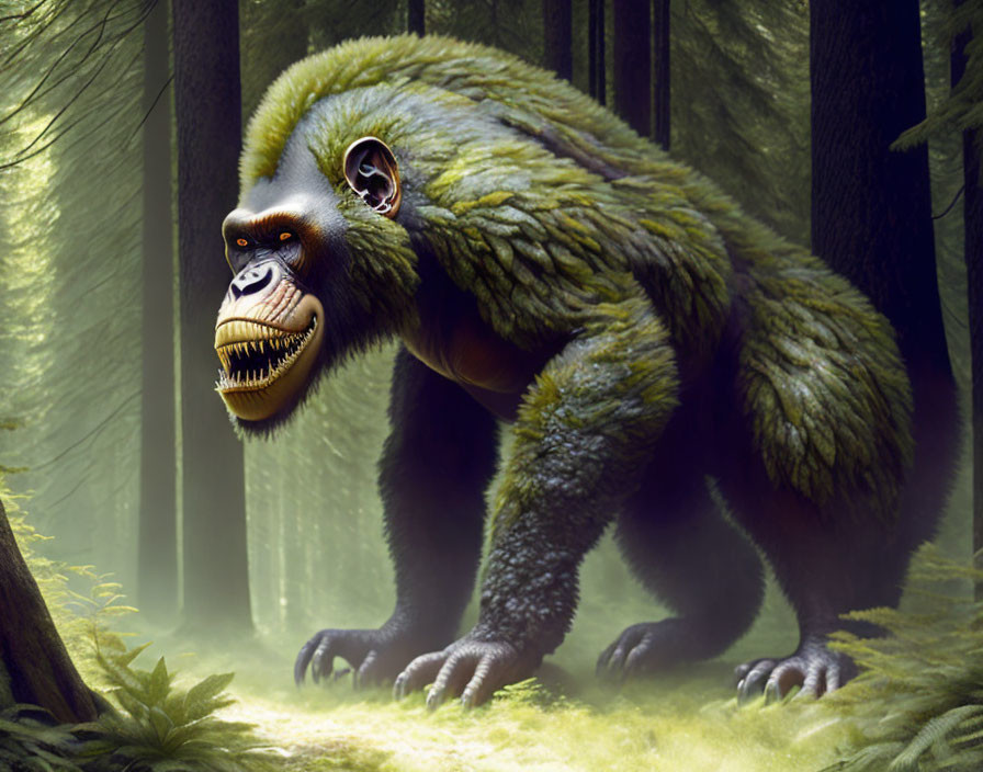Green-Furred Primate with Canines in Sunlit Forest